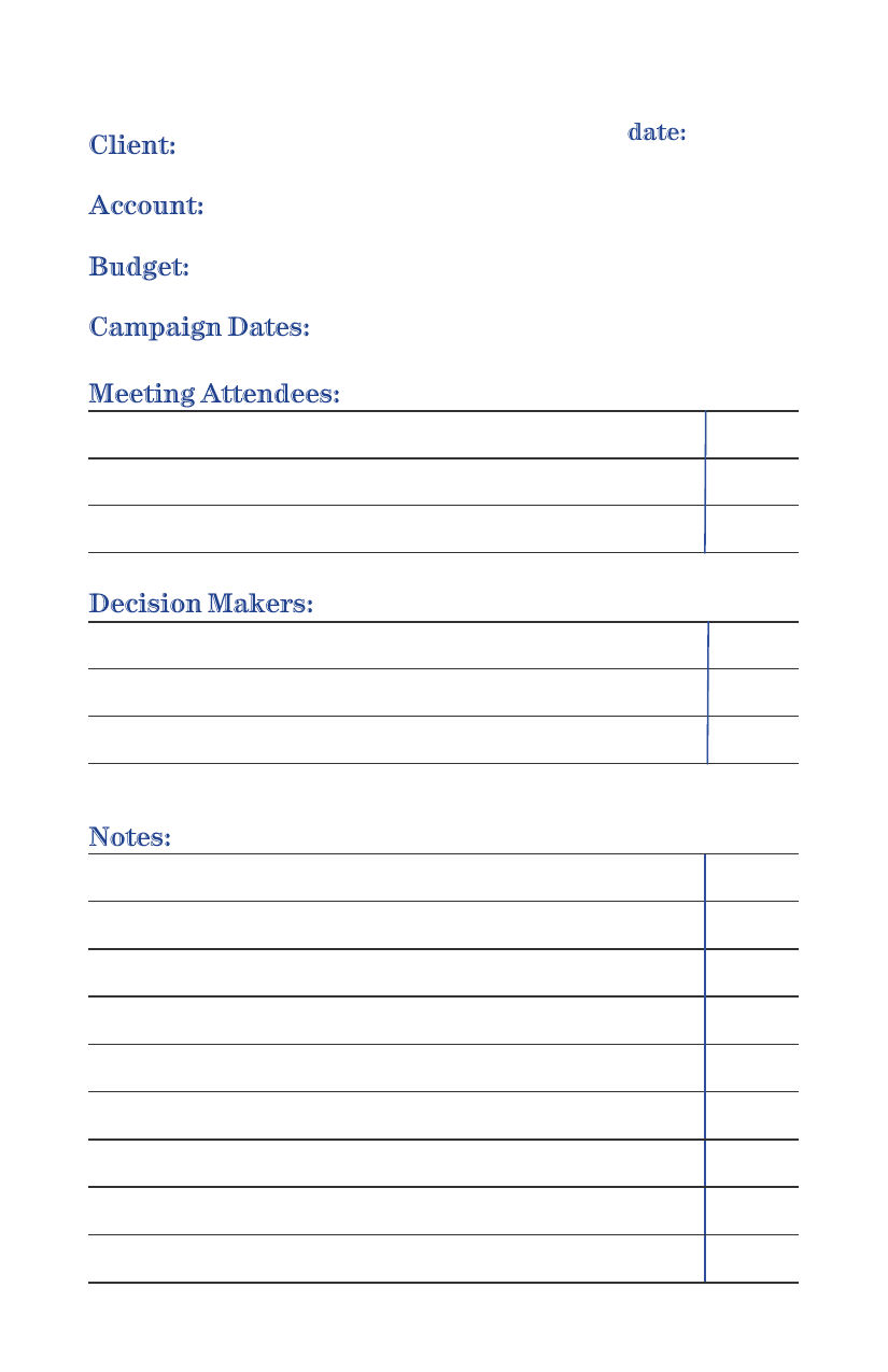 Meeting notes page with fields for client, account, budget, dates, attendees, and decision makers
